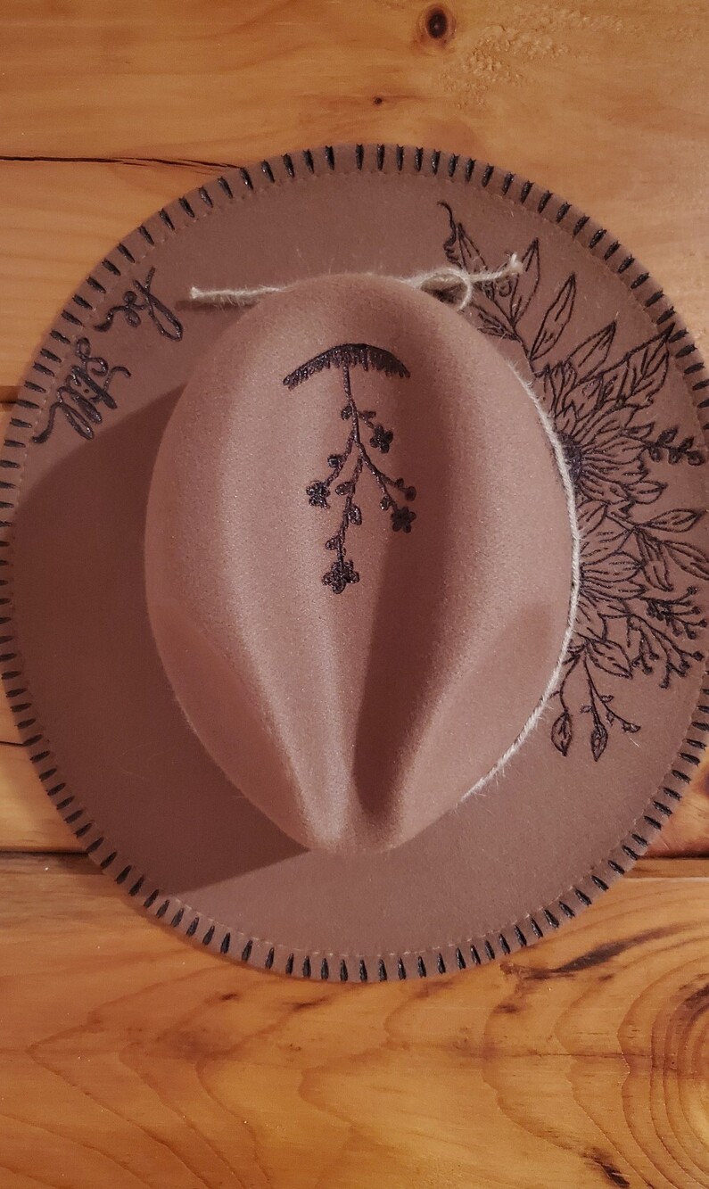 Embroidered Brown Felt Hat with Floral Accents